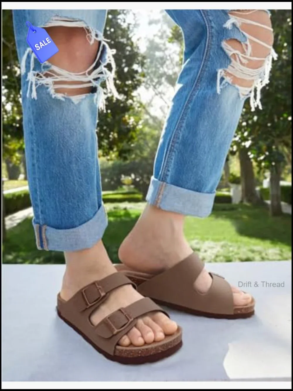 Cork Footbed Slide Sandals with Arch Support & Adjustable Buckle